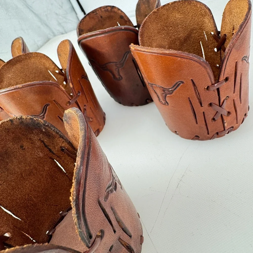 Vintage Tooled Leather Cup Holders Brown Texas Longhorn Western Barware Set 7
